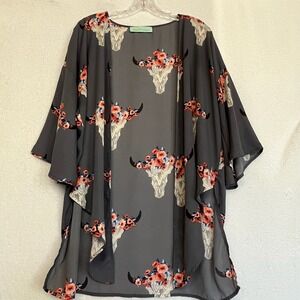 Animal Citizen Kimono Duster Floral Steer Skull Western Print Cover‎ Up Boho S